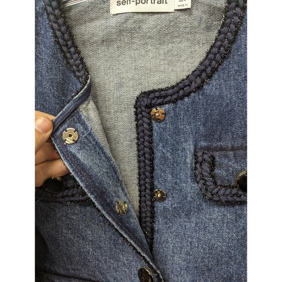 Self-Portrait Women's Braid-Trim Denim Jacket Cropped Boxy Blue Size US 4 - Picture 9 of 9